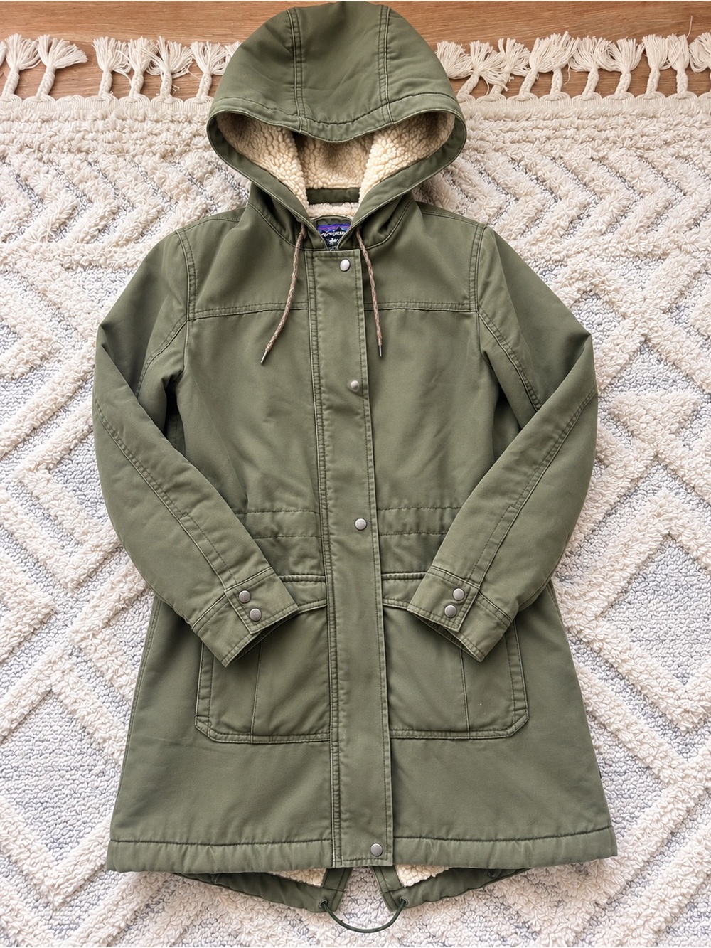Patagonia Insulated Praire Down Olive Green Hooded Sherpa Parka XS